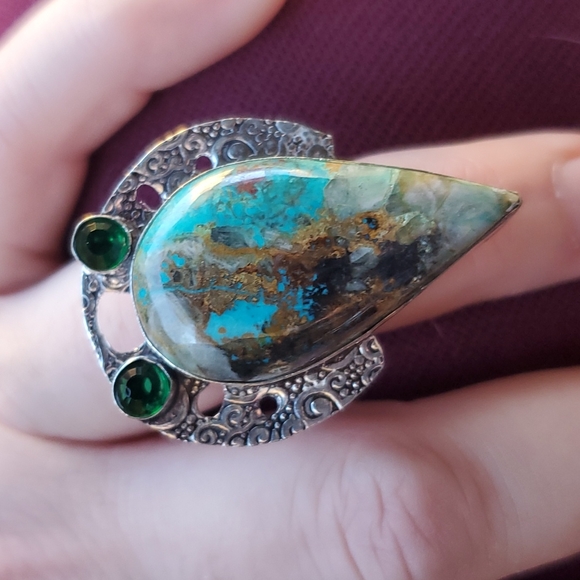 New Oversized Chrysocolla & Diopside 925 Silver Statement Ring. - Picture 3 of 14